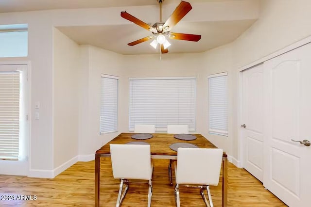 dining room featuring ceiling fan and light hardwood / wood-style flooring