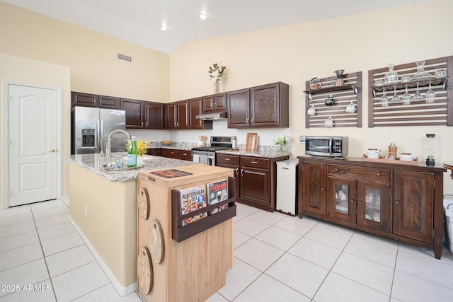 835 W Beechnut Dr, Chandler, AZ 85248 - kitchen with appliances with stainless steel finishes, light tile patterned floors, under cabinet range hood, dark brown cabinets, and high vaulted ceiling