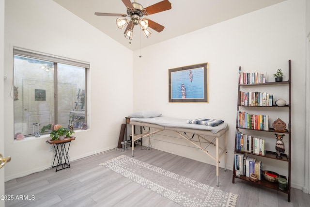 835 W Beechnut Dr, Chandler, AZ 85248 - office featuring wood finished floors, a ceiling fan, lofted ceiling, and baseboards