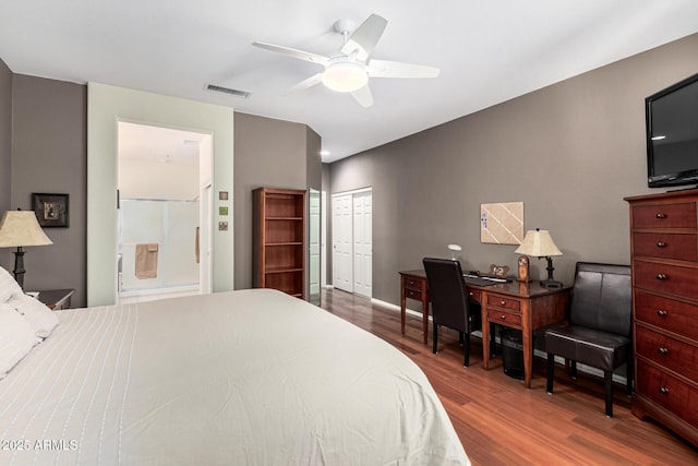 bedroom with ceiling fan, hardwood / wood-style floors, and a closet