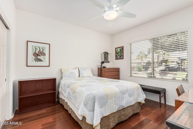 bedroom featuring dark wood-type flooring, ceiling fan, and a closet