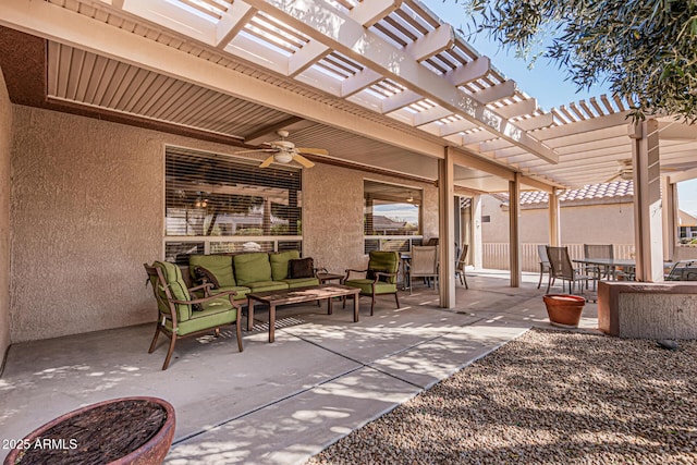 view of patio / terrace featuring an outdoor living space, a pergola, and ceiling fan