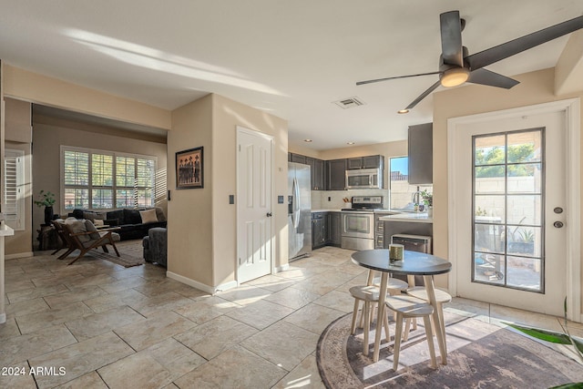 kitchen with ceiling fan, sink, appliances with stainless steel finishes, and tasteful backsplash