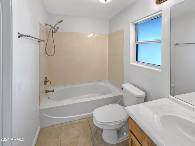 full bathroom featuring tub / shower combination, vanity, tile patterned flooring, and toilet