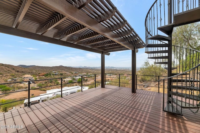301 E Jomax Rd, Phoenix, AZ 85085 - wooden deck with stairs, a mountain view, and a pergola