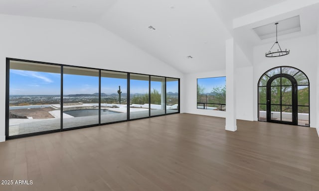 301 E Jomax Rd, Phoenix, AZ 85085 - interior space with high vaulted ceiling, a chandelier, wood finished floors, and plenty of natural light