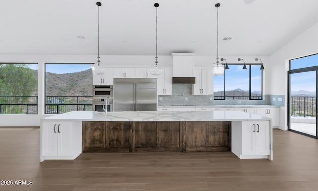 301 E Jomax Rd, Phoenix, AZ 85085 - kitchen featuring stainless steel appliances, wood finished floors, tasteful backsplash, white cabinetry, and lofted ceiling