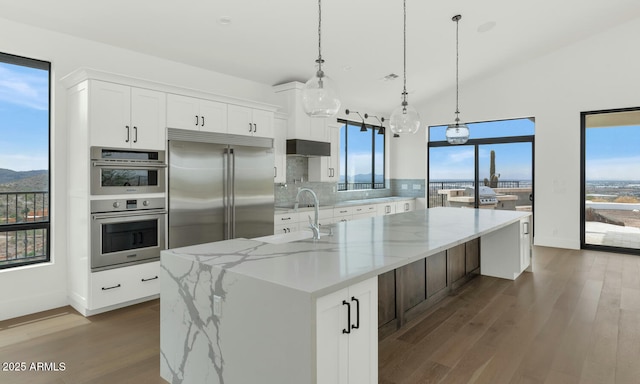 301 E Jomax Rd, Phoenix, AZ 85085 - kitchen featuring stainless steel appliances, a sink, dark wood-type flooring, and white cabinetry