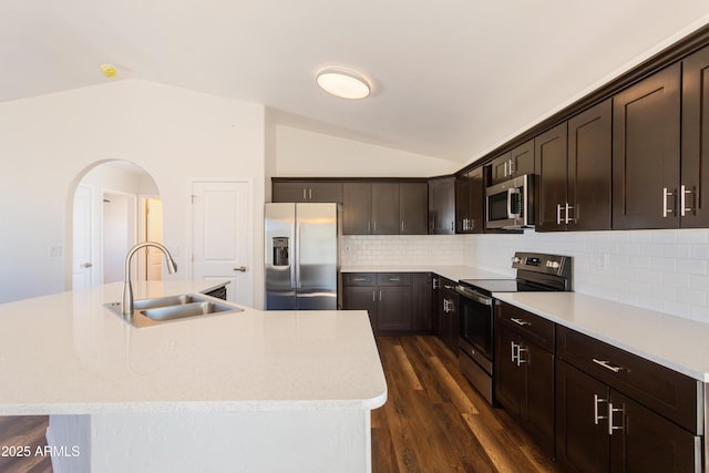 kitchen with sink, appliances with stainless steel finishes, lofted ceiling, and a kitchen island with sink