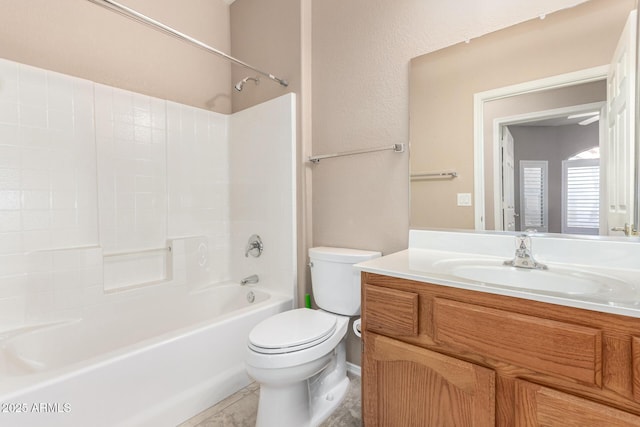 full bathroom with vanity, bathing tub / shower combination, and toilet