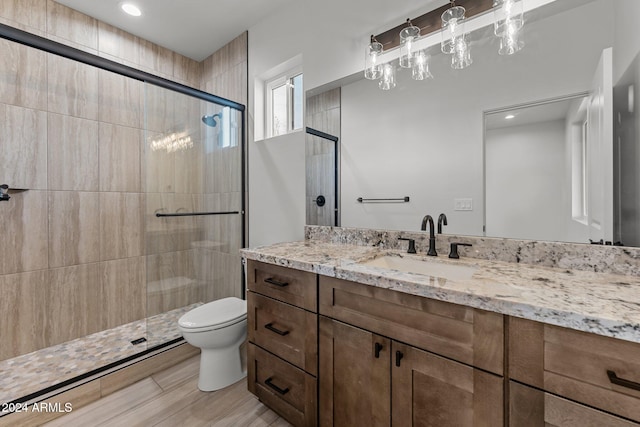 bathroom with an enclosed shower, vanity, and toilet