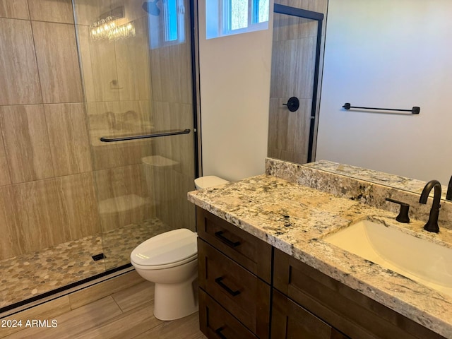 bathroom featuring vanity, toilet, and an enclosed shower