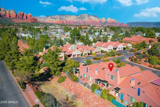 aerial view featuring a residential view and a mountain view