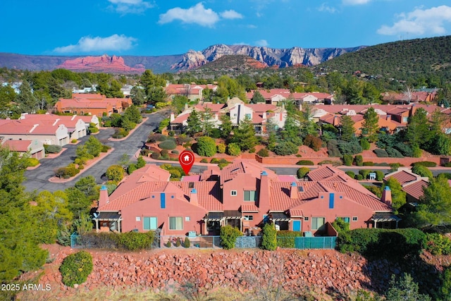 aerial view featuring a residential view and a mountain view