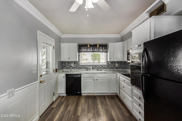 kitchen with sink, white cabinetry, crown molding, dark hardwood / wood-style flooring, and black appliances