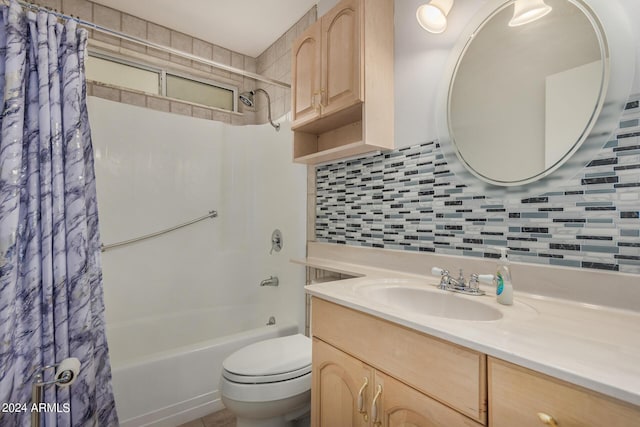 full bathroom with toilet, vanity, shower / bath combination with curtain, and decorative backsplash