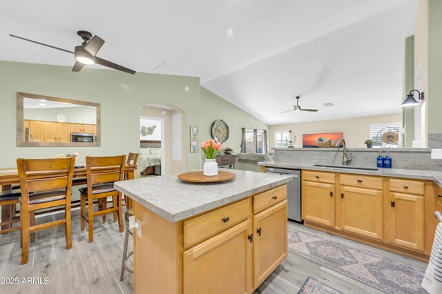 46068 W Guilder Ave, Maricopa, AZ 85139 - kitchen featuring appliances with stainless steel finishes, ceiling fan, vaulted ceiling, light wood-style floors, and arched walkways