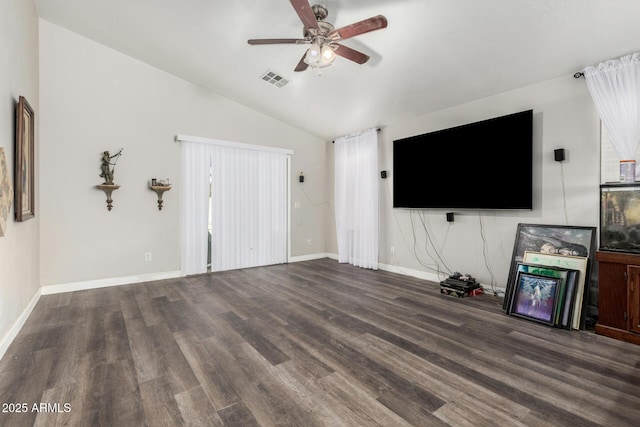 36480 W El Greco St, Maricopa, AZ 85138 - unfurnished living room featuring visible vents, baseboards, vaulted ceiling, wood finished floors, and a ceiling fan