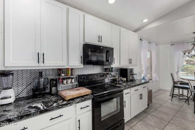 36480 W El Greco St, Maricopa, AZ 85138 - kitchen featuring recessed lighting, decorative backsplash, light tile patterned floors, black appliances, and white cabinets