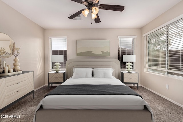 bedroom featuring ceiling fan and carpet floors