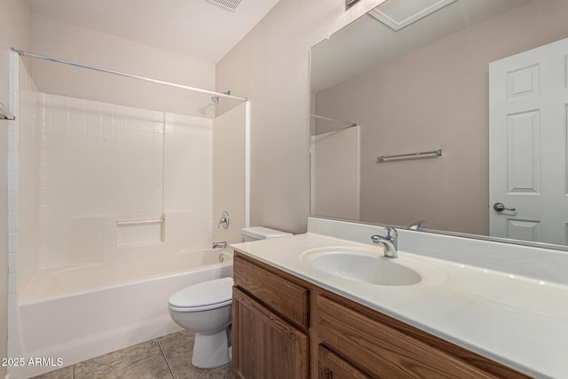 full bathroom featuring bathtub / shower combination, vanity, toilet, and tile patterned flooring