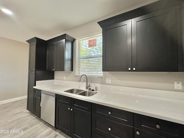 kitchen featuring dark cabinetry, a sink, light wood-style flooring, and dishwasher