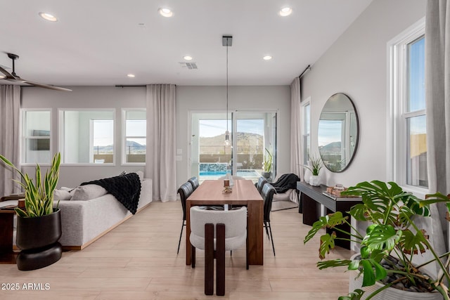 dining area with ceiling fan and light wood-type flooring