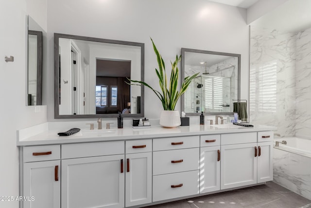 bathroom featuring vanity and plus walk in shower