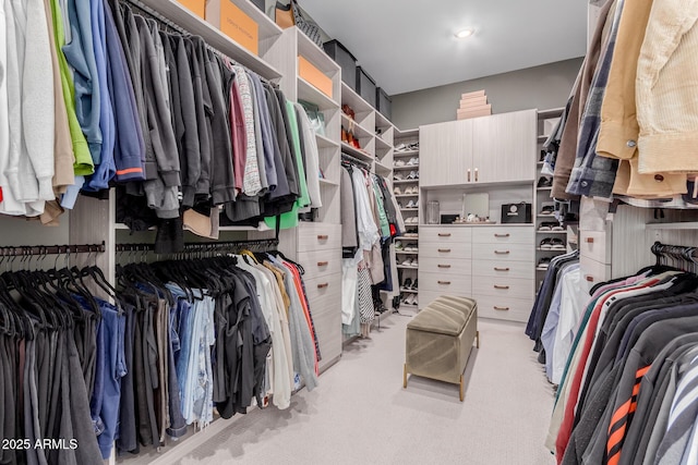 walk in closet with light carpet