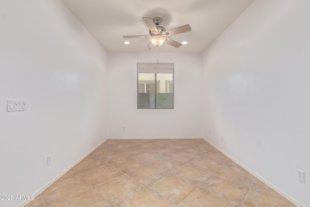 spare room with recessed lighting, ceiling fan, baseboards, and light tile patterned floors