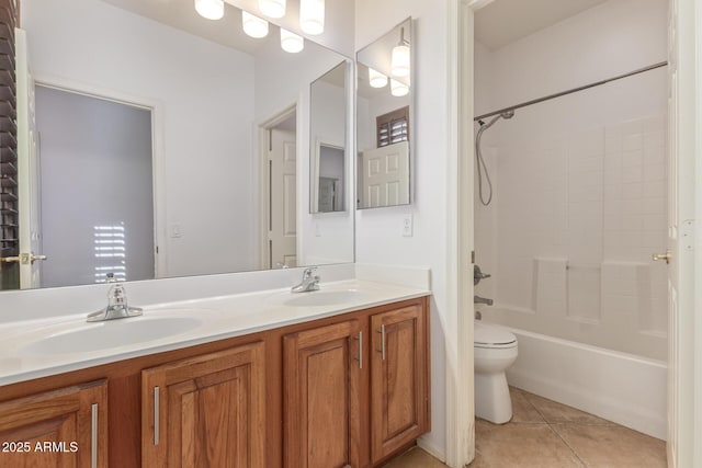 bathroom featuring tile patterned flooring, a sink, toilet, and double vanity