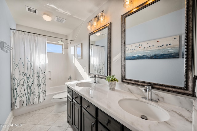 1834 W Nighthawk Way, Phoenix, AZ 85045 - full bathroom with toilet, shower / bath combo with shower curtain, double vanity, and tile patterned flooring
