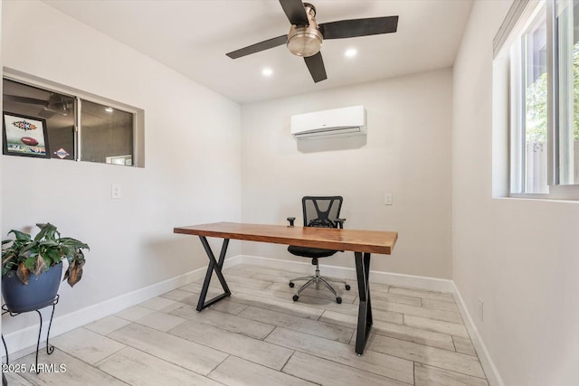 home office with recessed lighting, ceiling fan, a wall mounted AC, and wood tiled floor