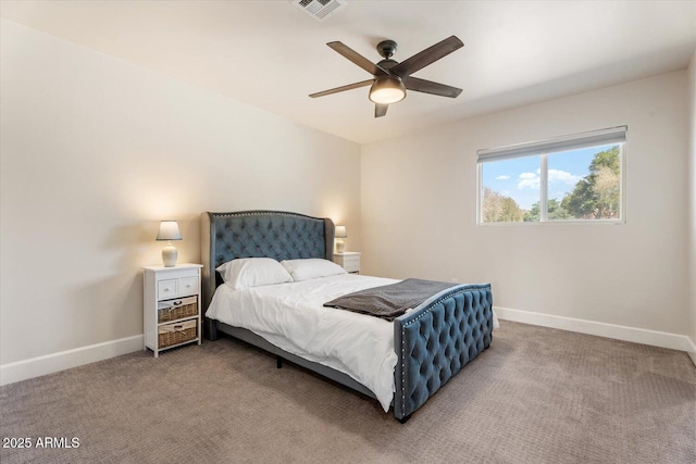 bedroom featuring baseboards, visible vents, ceiling fan, and carpet