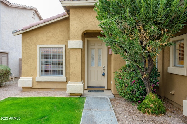 view of exterior entry featuring a tiled roof and stucco siding