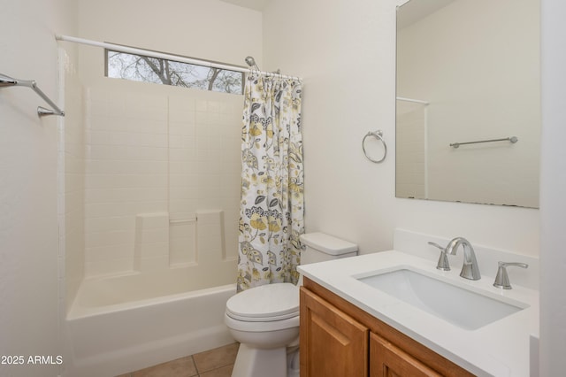 bathroom featuring shower / tub combo, vanity, toilet, and tile patterned floors