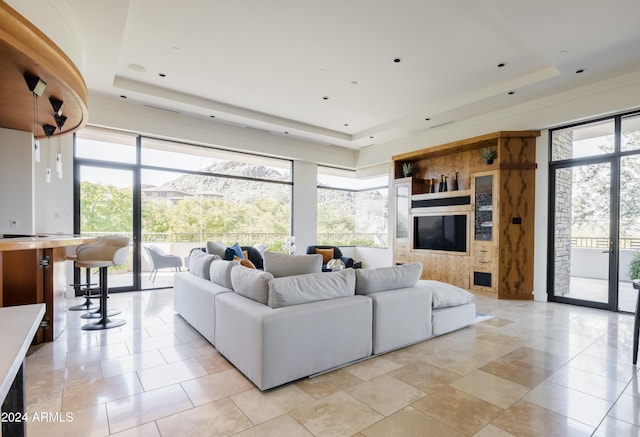 living room with a tray ceiling