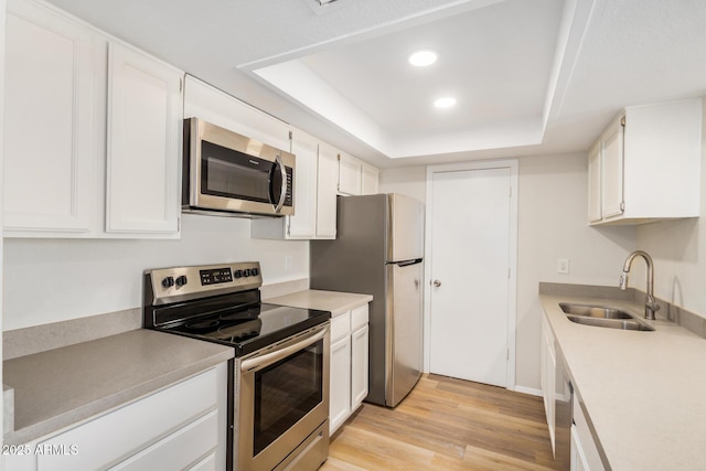 222 W Brown Rd Unit 14, Mesa, AZ 85201 - kitchen with stainless steel appliances, a raised ceiling, white cabinets, light wood finished floors, and light countertops
