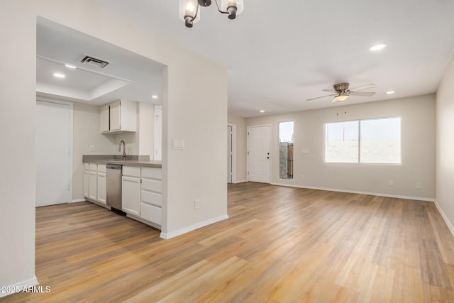222 W Brown Rd Unit 14, Mesa, AZ 85201 - kitchen with dishwasher, light wood-style floors, recessed lighting, a ceiling fan, and white cabinetry