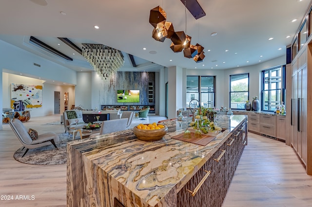 kitchen with light stone countertops, an island with sink, decorative light fixtures, and light hardwood / wood-style floors