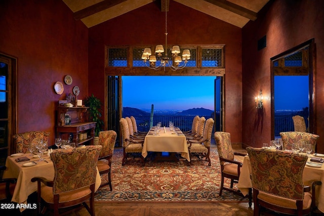 dining area with beamed ceiling, high vaulted ceiling, an inviting chandelier, and parquet flooring