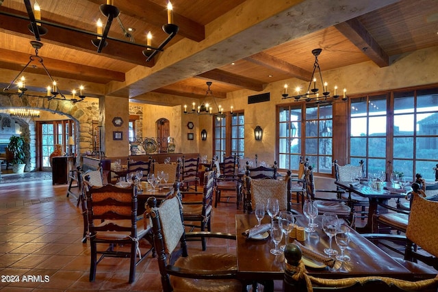 dining room with french doors, beam ceiling, and a wealth of natural light