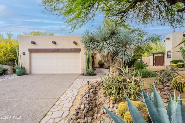 southwest-style home featuring a garage, stucco siding, and concrete driveway