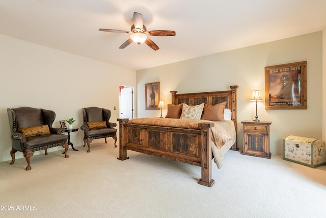 bedroom with ceiling fan and light colored carpet