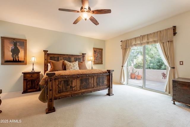 bedroom with ceiling fan, light colored carpet, and access to exterior