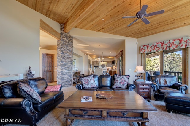 carpeted living room featuring ceiling fan with notable chandelier, lofted ceiling, wood ceiling, and decorative columns