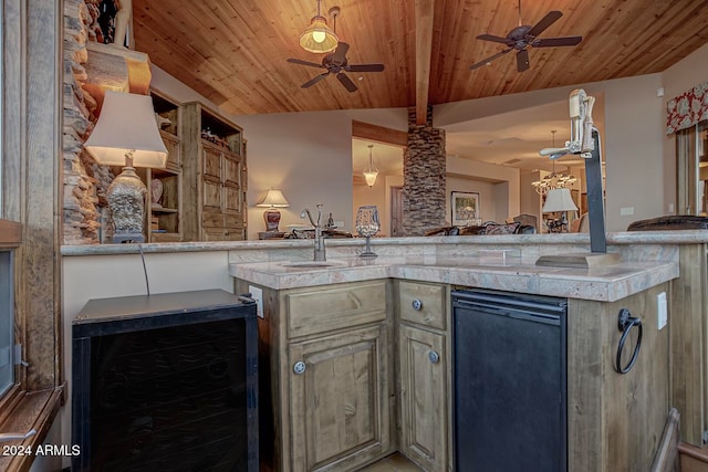 kitchen featuring lofted ceiling, sink, wine cooler, ceiling fan, and wood ceiling