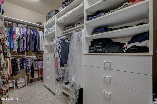 walk in closet with light carpet