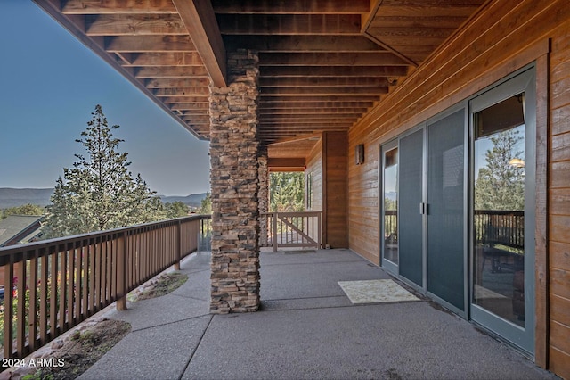 view of patio with a mountain view