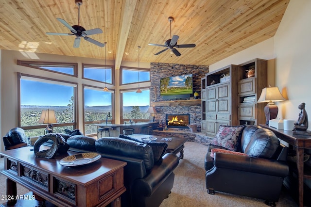 living room featuring light carpet, a stone fireplace, and wood ceiling